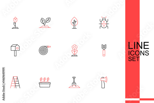 Set line Wooden axe, Shovel, Plant in pot, staircase, Garden pitchfork, Flower, hose and Bird house icon. Vector