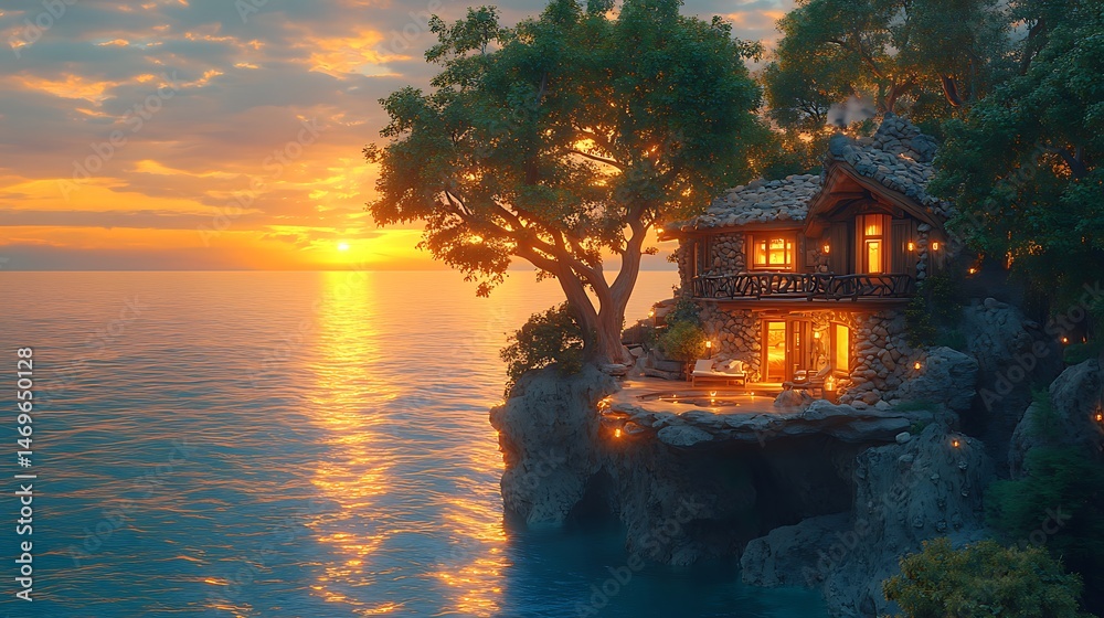 Fototapeta premium Charming cabin sunset cliff glow images