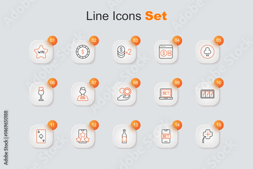 Set line Casino slot machine with clover, Online sports betting, Bottle of wine, Playing card spades symbol, Slot jackpot, and Hand holding casino chips icon. Vector