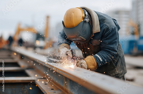 Close-up of steelworker welding steel joint on skeletal structure, industrial construction