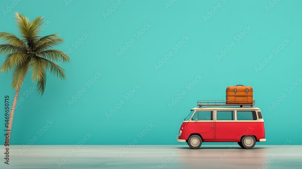 Fototapeta premium Vintage camper van with luggage by palm tree on vibrant turquoise background
