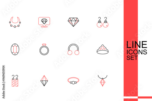 Set line Pendant on necklace, Bracelet jewelry, Gem stone, Earrings, King crown, Piercing, Diamond engagement and icon. Vector
