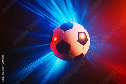 Soccer ball glowing with dynamic red and blue light trails in high-speed motion