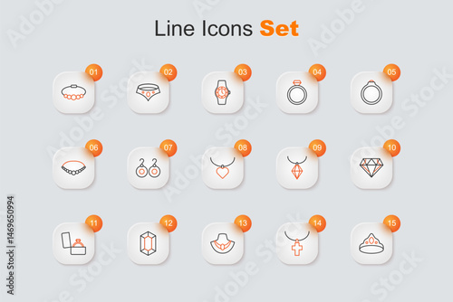 Set line King crown, Christian cross on chain, Necklace mannequin, Gem stone, Diamond engagement ring box, Pendant necklace and with heart shaped icon. Vector