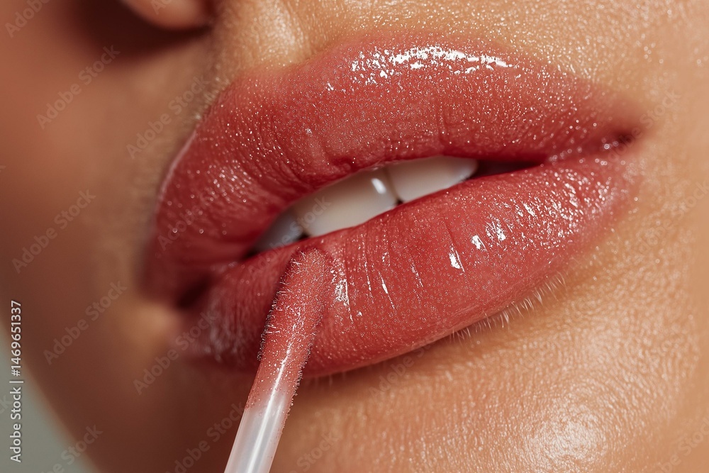 Naklejka premium Close-up of a woman's lips applying shiny lip gloss for a glamorous look.
