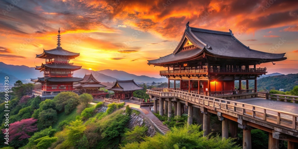 Obraz premium Ancient temple with wooden bridge and Torii gate against vibrant sunset colors at dusk, kyomizudera temple dusk, ancient architecture