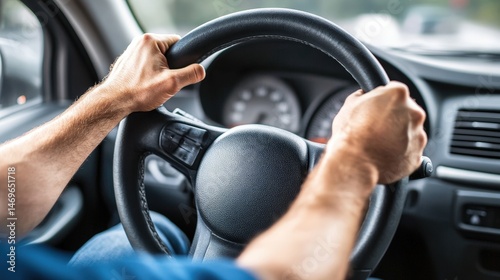 A man gripping a steering wheel tightly in road rage