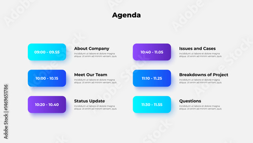 Agenda template with vibrant gradient boxes, featuring meeting topics and times. Perfect for corporate presentations, scheduling, and organizational purposes
