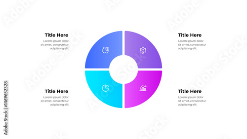 Four section circular infographic ideal for visualizing business concepts, financial statistics, and data analytics. Perfect for presentations and marketing strategies