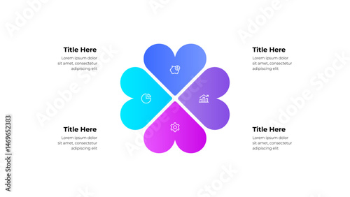 Colorful Four Leaf Clover Design With Business Concept Icons and Text Placeholders. Infographic diagram with 4 steps, options or processes
