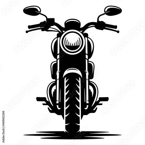 Motorcycle Front View: Classic motorcycle design, front view, powerful machine, strong silhouette, black and white, graphic design, transportation, vehicle, chopper, cruiser