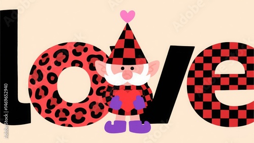Vector illustration in a simple flat design for a Valentine's Day theme. Features a gnome wearing a red and black checkered hat with a heart on it. The background is leopard print, and the text 