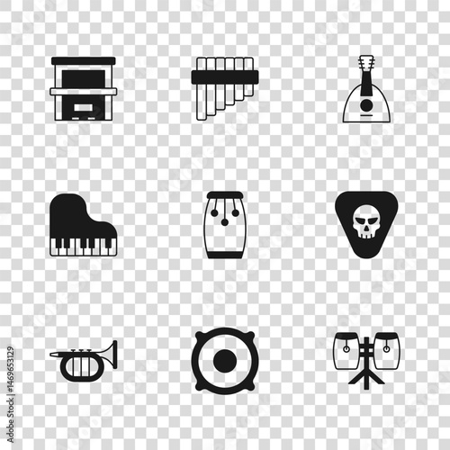 Set Stereo speaker, Guitar pick, Conga drums, Balalaika, Piano, Pan flute and Grand piano icon. Vector