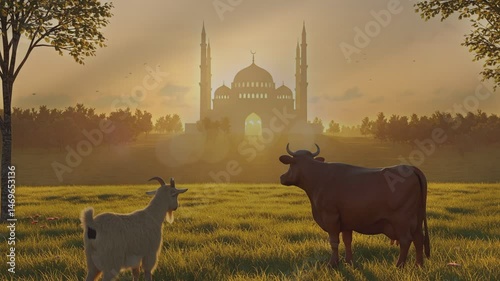Sheep and cow with mosque in the background for Eid al adha Mubarak greeting 
