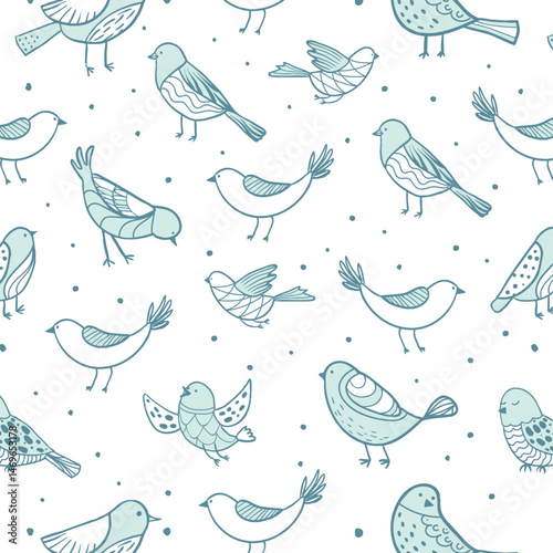 Colorful doodle bird seamless pattern. Collection of flat hand drawn birds. Cute background for textile print, wrapping paper, wall art design
