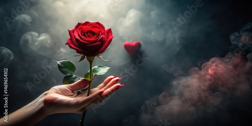A mysterious woman's hand holding a red rose amidst a dark and moody background with only faint, soft red heart-shaped silhouettes in the distance, love, dark romance