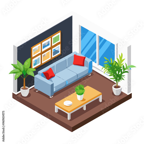 Isometric Living Room Interior Design – Modern 3D Room Illustration
