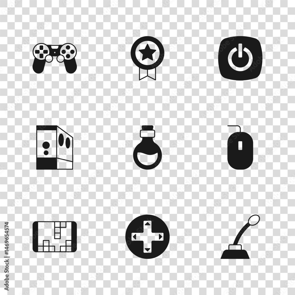 Fototapeta premium Set Game controller or joystick, Computer mouse, Microphone, Bottle with magic elixir, Power button, rating medal and Case of computer icon. Vector