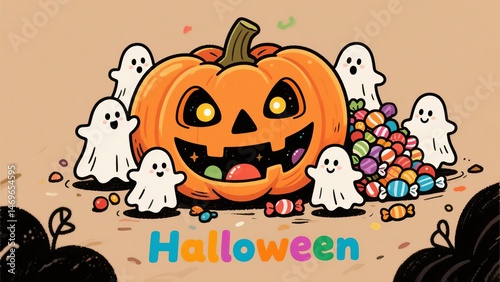 Cute cartoon illustration featuring small pumpkins, ghosts, and candies surrounding the text 