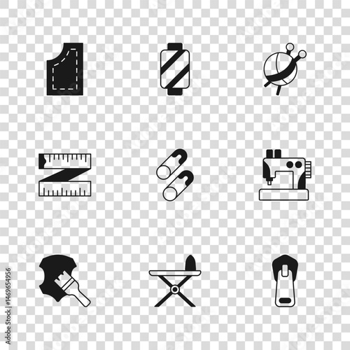 Set Electric iron and ironing board, Sewing machine, Zipper, Closed steel safety pin, Yarn ball with knitting needles, pattern, thread spool and Tape measure icon. Vector