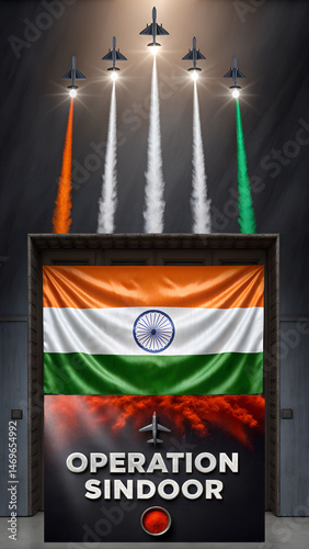 Indian fighter jets performing aerial show over waving flag in Operation Sindoor tribute scene, filled with emotion, color, and national fervor