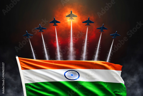 Majestic Indian flag waving high in dramatic sky with fighter jets soaring above, symbolizing unity, power, and national pride in a powerful composition