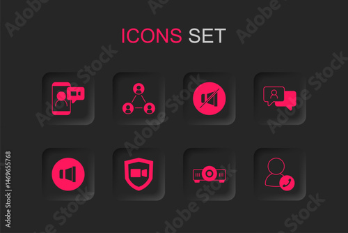 Set Video chat conference, Meeting, Movie, film, media projector, Speech bubble, Mute microphone and Speaker volume icon. Vector