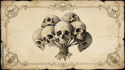 Vintage-style illustration showcasing skulls arranged in the shape of a bouquet, set against an old parchment background with ornate borders. The artwork, reminiscent of classic fantasy art, features 