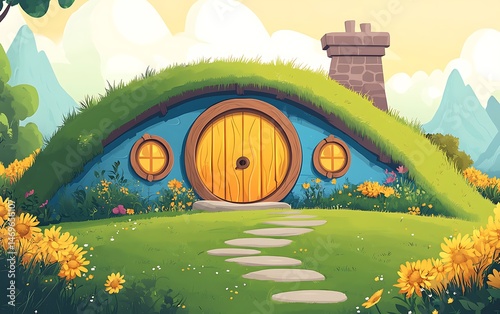 Fantasy hobbit house, lush landscape, serene scene, perfect for children's books or games, background for illustrations
