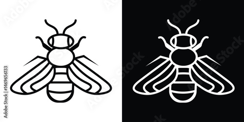 Bee icon vector in black and white. Minimalist insect illustration showing the detailed silhouette of a bee with wings, antennae, and stripes. 