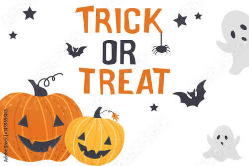 Vector flat color illustration featuring cute and simple cartoon Halloween pumpkins and ghosts with the text 