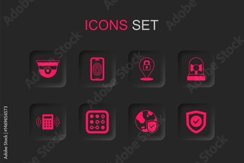 Set Graphic password protection, Mobile with fingerprint scanner, Security camera, Shield world globe, Ringing alarm bell, check mark, Lock and keypad access panel icon. Vector