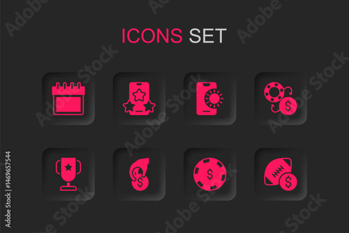 Set Hand holding casino chips, Online sports betting, Calendar, Casino with dollar, exchange, American football money, and poker trophy cup icon. Vector