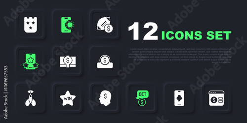 Set Online poker table game, Stacks paper money cash, Casino chip with dollar, sports betting, win, and Lucky player icon. Vector