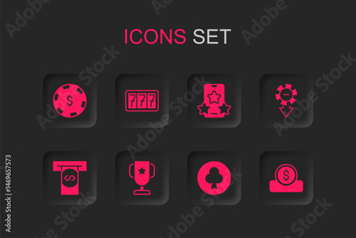 Set Casino poker trophy cup, Slot machine with jackpot, chip dollar, Playing card clubs symbol, chips, Coin money, Online sports betting and Automated teller and icon. Vector