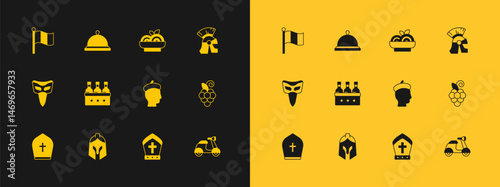 Set Roman army helmet, French, Pope hat, Bottles of wine, Pasta spaghetti, Flag Italy and Covered with tray food icon. Vector