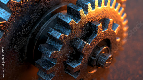 Close-up of Rusty Gear in Industrial Machinery with Textures and Shadows photo