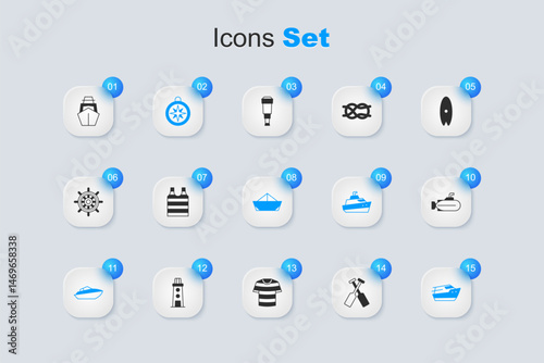 Set Crossed oars or paddles boat, Striped sailor t-shirt, Compass, Speedboat, Submarine, Yacht sailboat and Folded paper icon. Vector