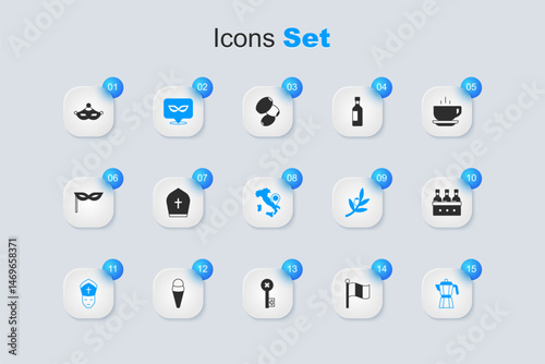 Set Flag Italy, Pope hat, Carnival mask, Coffee maker moca pot, Bottles wine, and Map icon. Vector