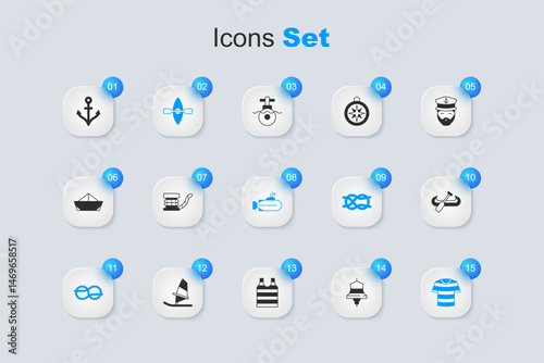 Set Ship bell, Marine bollard with rope, Kayak and paddle, Nautical knots, Striped sailor t-shirt, Anchor and Submarine icon. Vector
