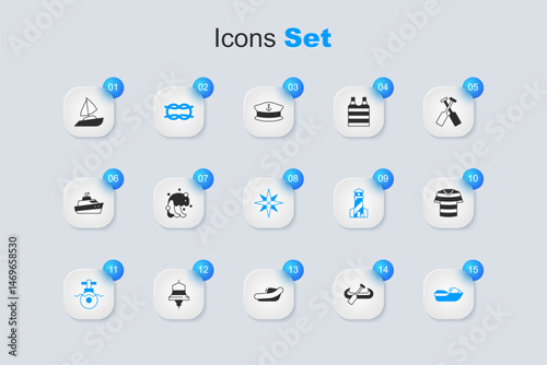 Set Kayak and paddle, Tsunami, Nautical rope knots, Submarine, Jet ski, Striped sailor t-shirt, Yacht sailboat and Wind rose icon. Vector