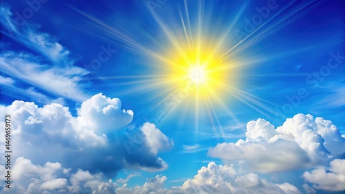 Clear blue sky with fluffy white clouds and a bright yellow sun shining through them