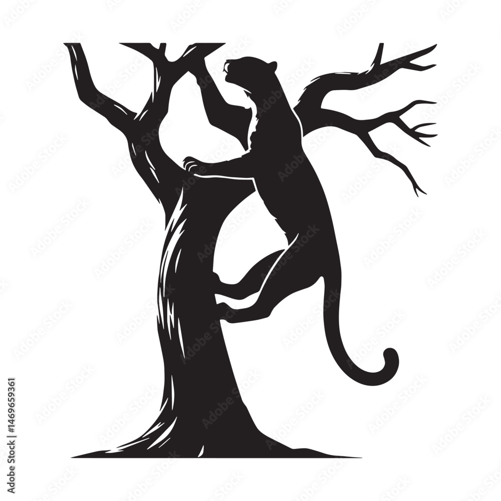 Fototapeta premium Fierce and elevated tree-climbing jaguar silhouette great for predator-in-action scenes – tree-climbing jaguar vector – tree-climbing jaguar illustration – silhouette of tree-climbing jaguar