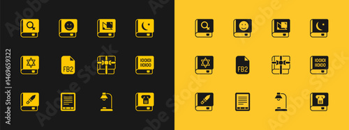 Set Holy book of Koran, E-Book reader, as gift, Table lamp, FB2 File, about geometry, women and icon. Vector