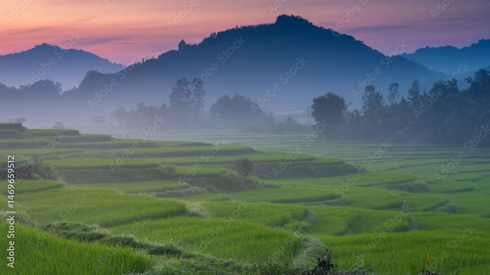Fototapeta premium Misty Sunrise over Lush Green Rice Terraces and Mountains