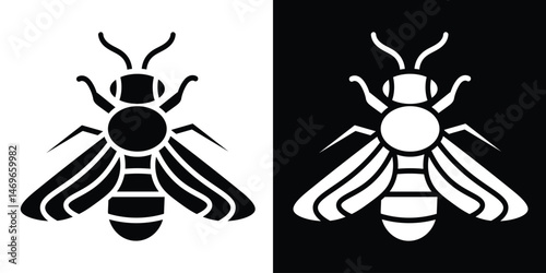 Bee icon vector in black and white. Minimalist insect illustration showing the detailed silhouette of a bee with wings, antennae, and stripes. 