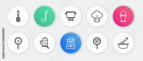 Set line Scales, Chicken egg on stand, Frying pan, Fried eggs frying, Chef hat, Cooking pot fire, whisk with bowl and Oven glove icon. Vector