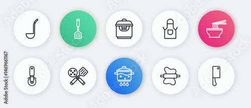 Set line Cooking pot on fire, Asian noodles bowl, Pizza knife, Rolling pin dough, Kitchen apron, Slow cooker, Meat chopper and Spatula icon. Vector
