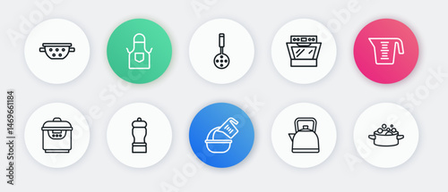 Set line Measuring cup and bowl, Slow cooker, Kettle with handle, Oven, Spatula, Cooking pot and Pepper icon. Vector