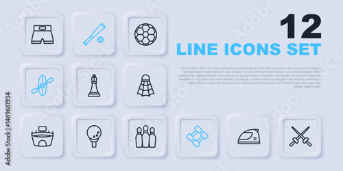 Set line Racing helmet, Fencing, Chess, Dumbbell, Kayak and paddle, Golf ball on tee, Baseball bat with and Bowling pin icon. Vector
